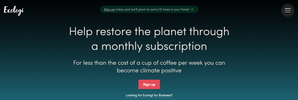 Screenshot of the Ecologi front page