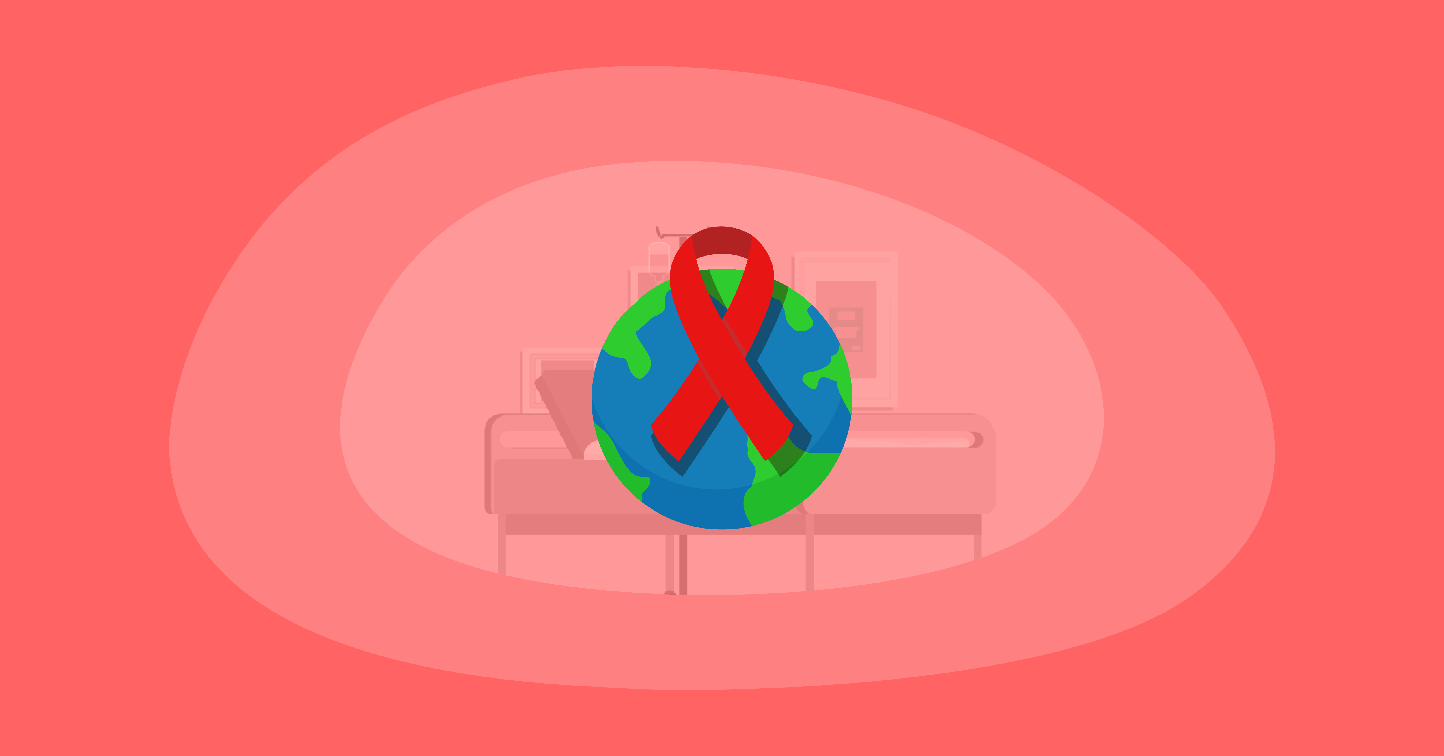 Illustration of the red HIV/AIDS ribbon in front of the world globe