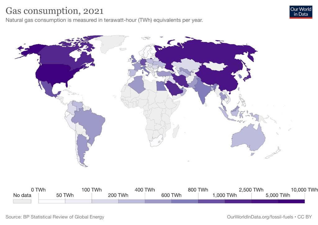 Illustration of gas consumption by country 2021