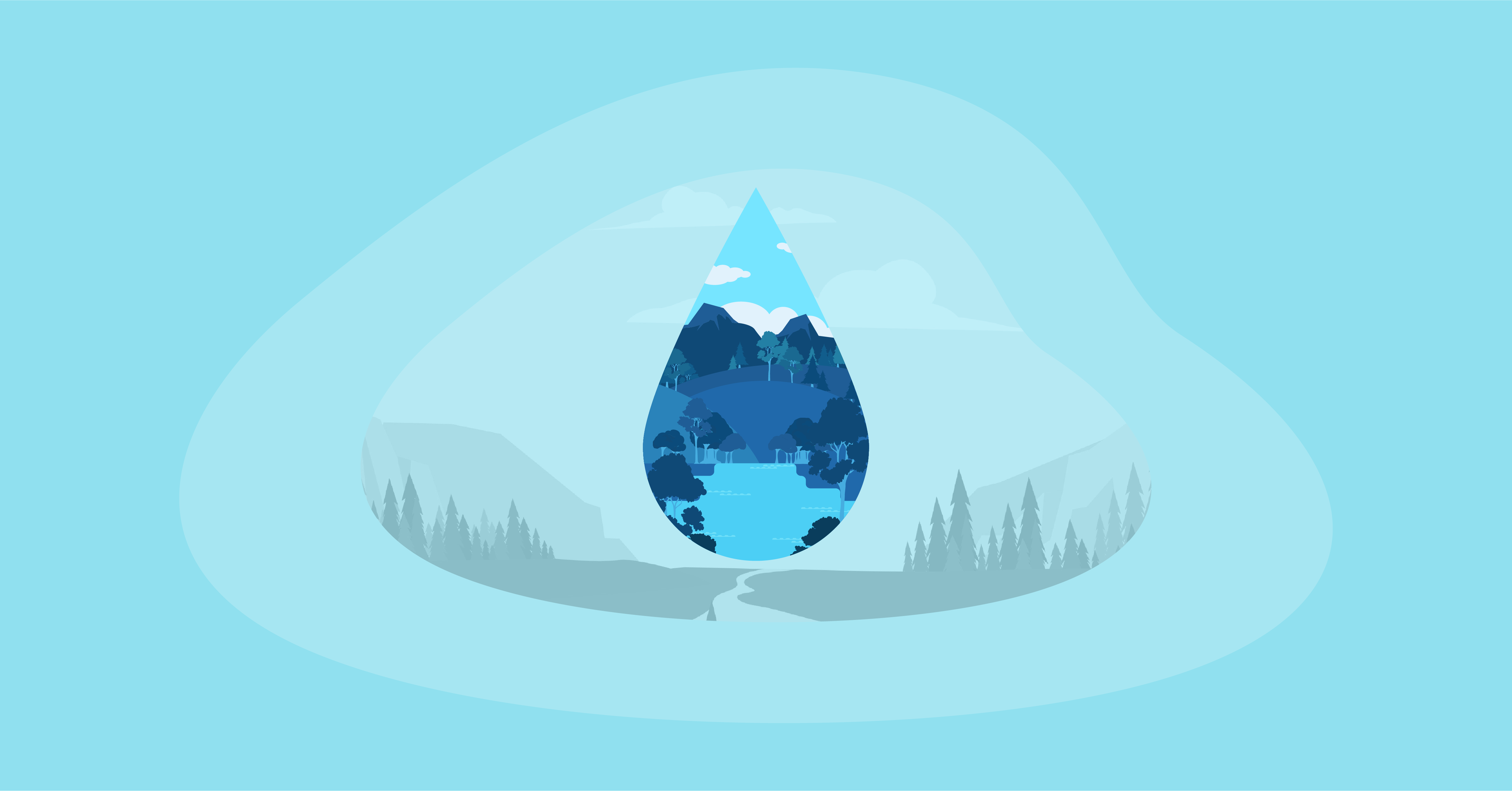 Illustration of a big water drop containing another illustration of nature