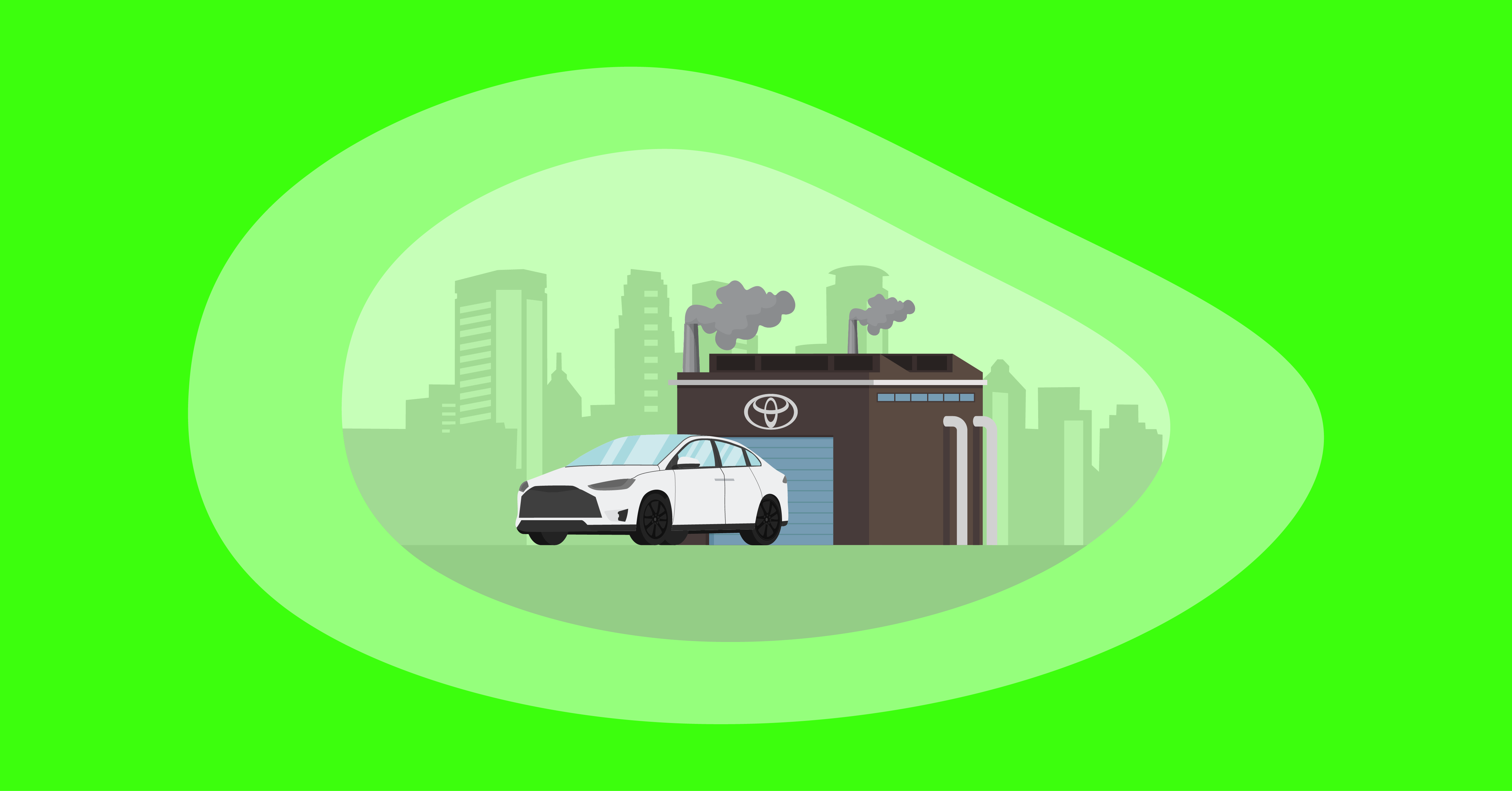Attempted illustration of a Toyota car in front of a Toyota factory