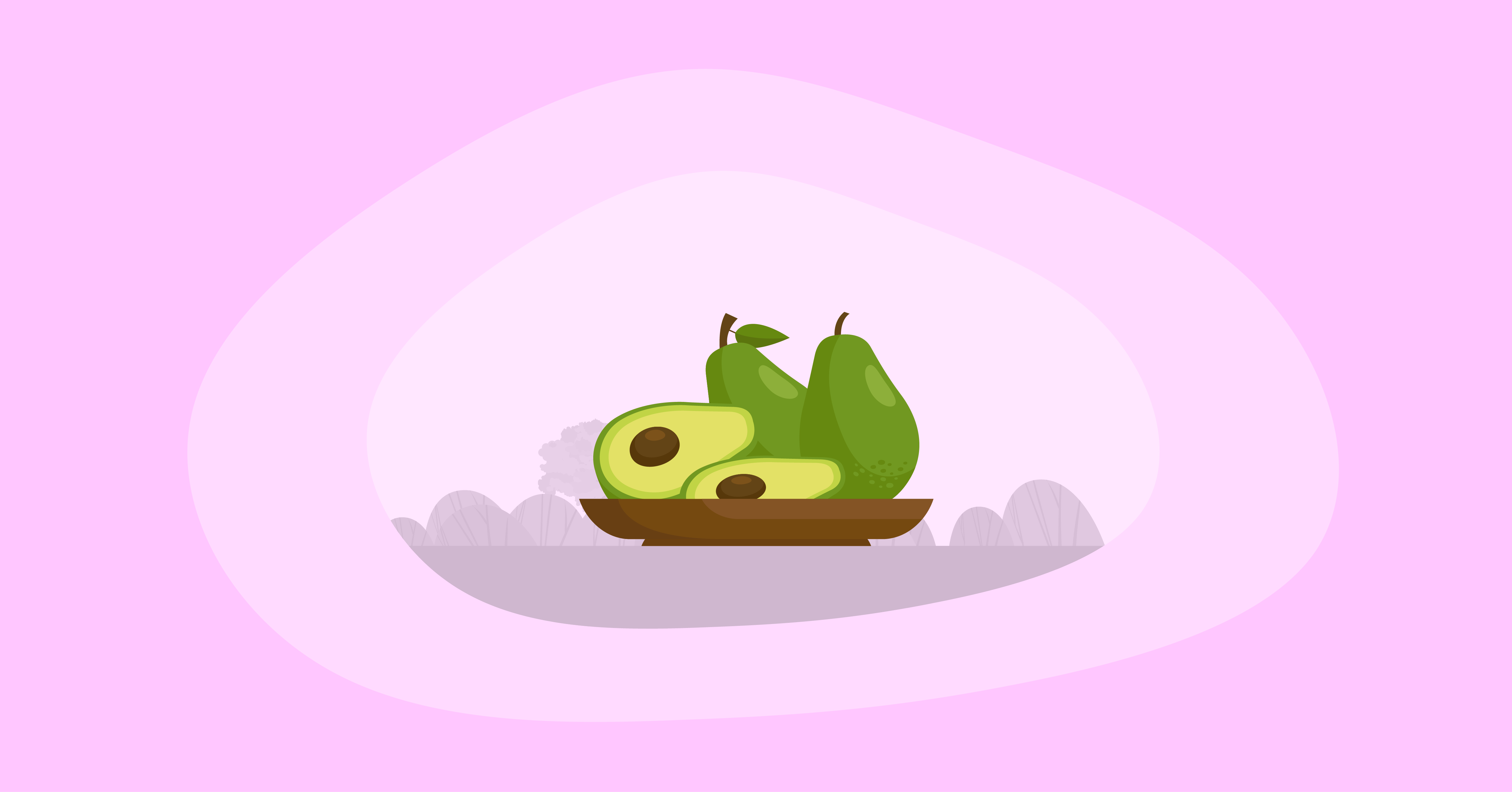 Illustration of avocados in a wooden platter