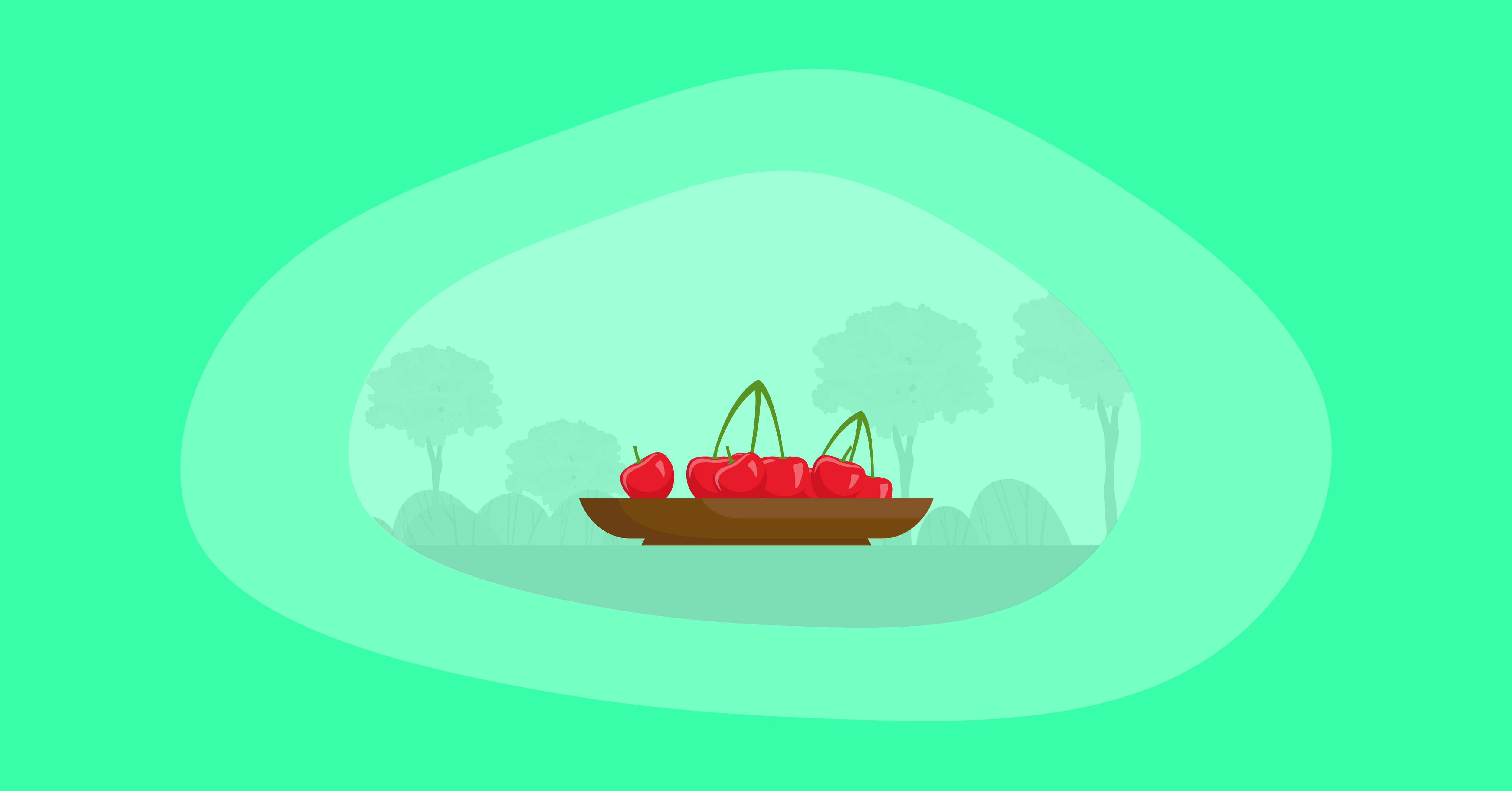 Illustration of cherries in a wooden platter