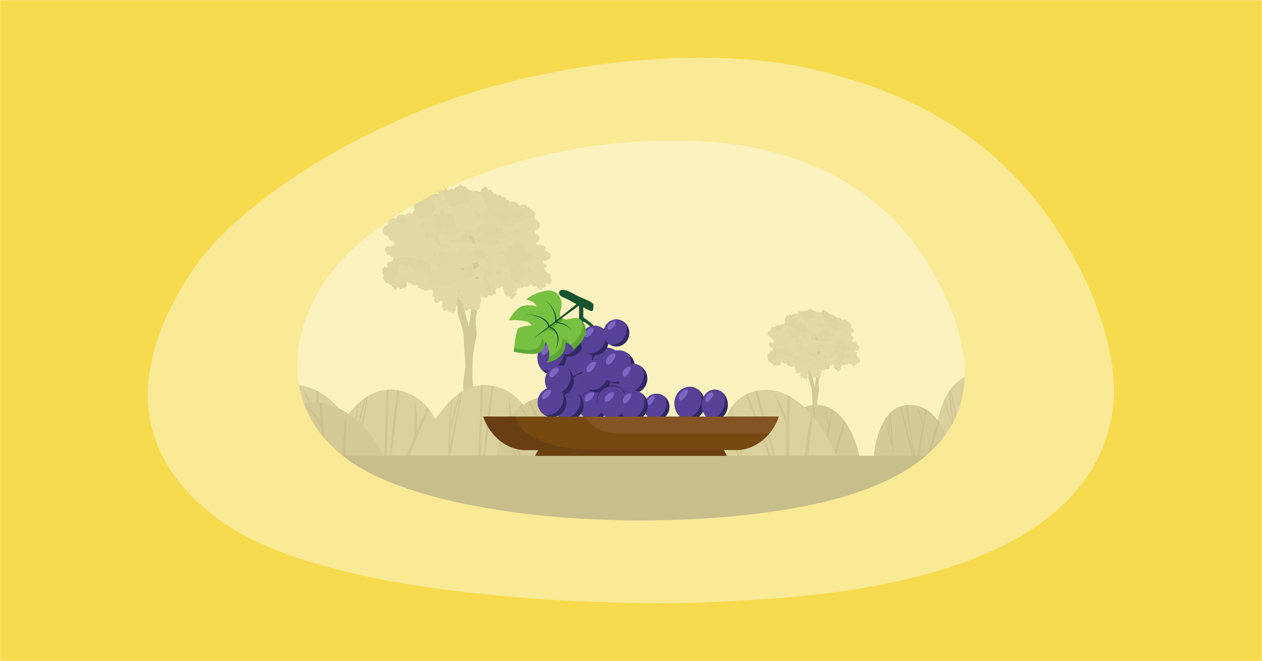 Illustration of grapes in a wooden platter