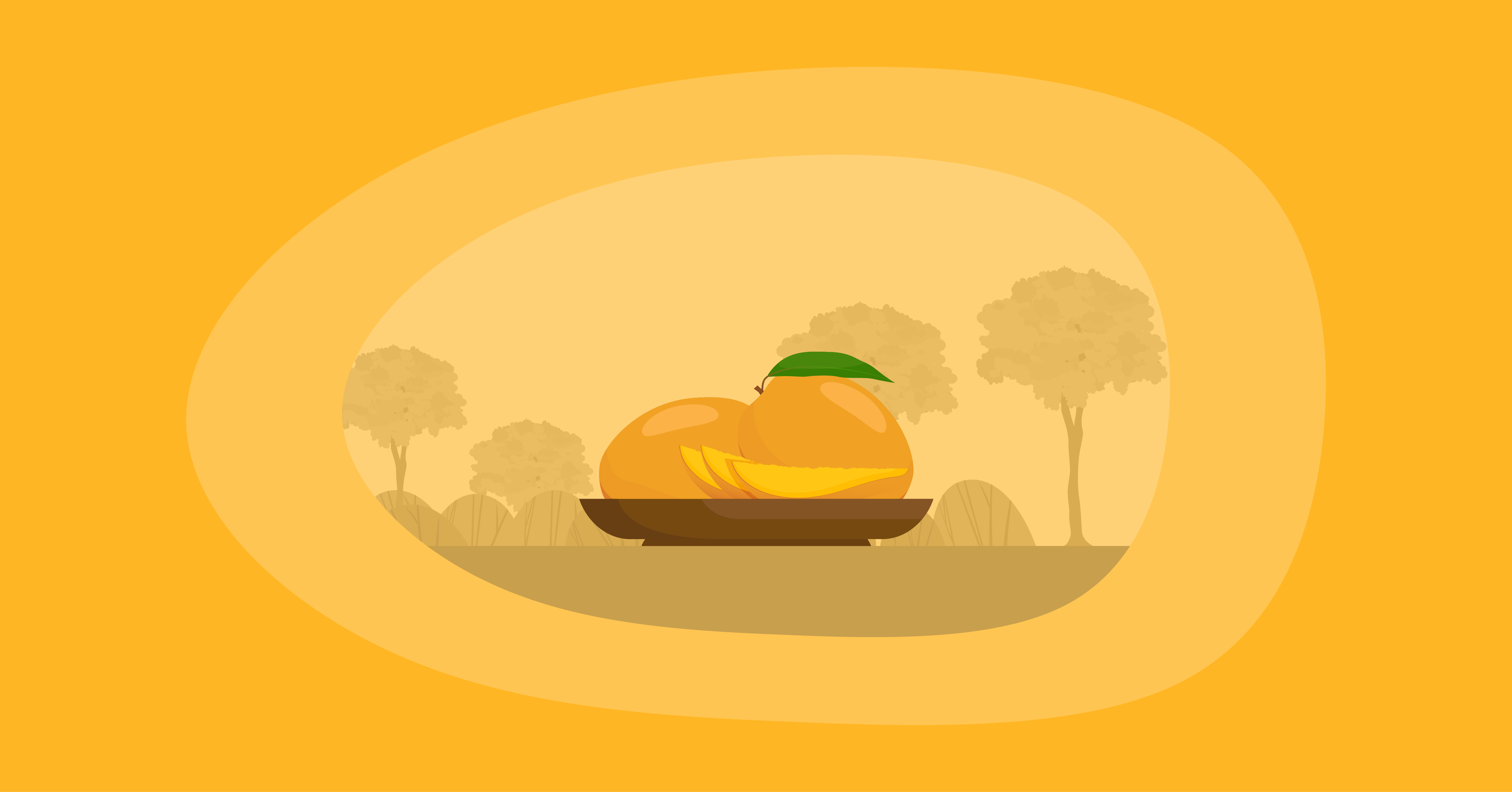 Illustration of mangoes in a wooden platter