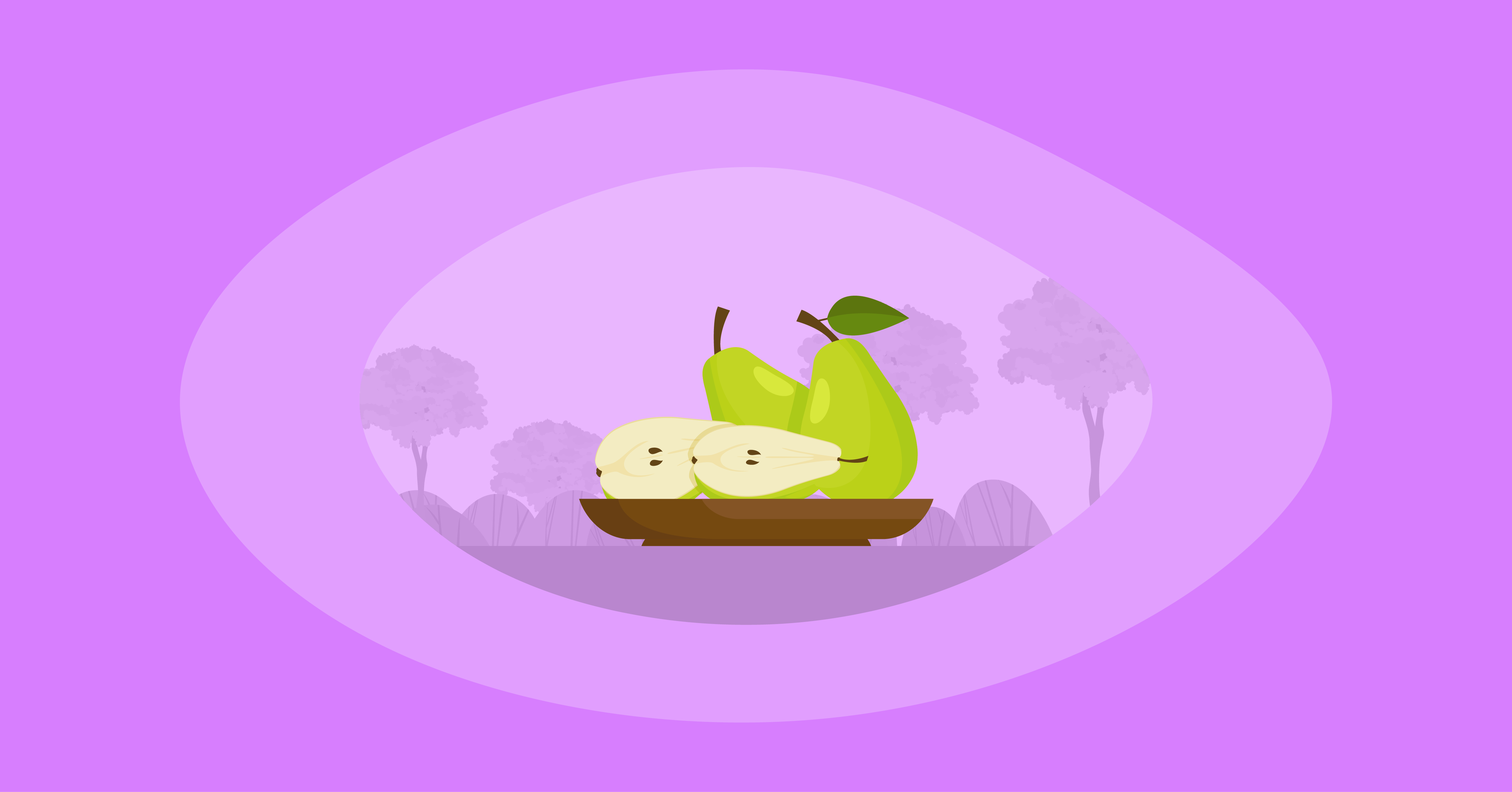 Illustration of pears in a wooden platter