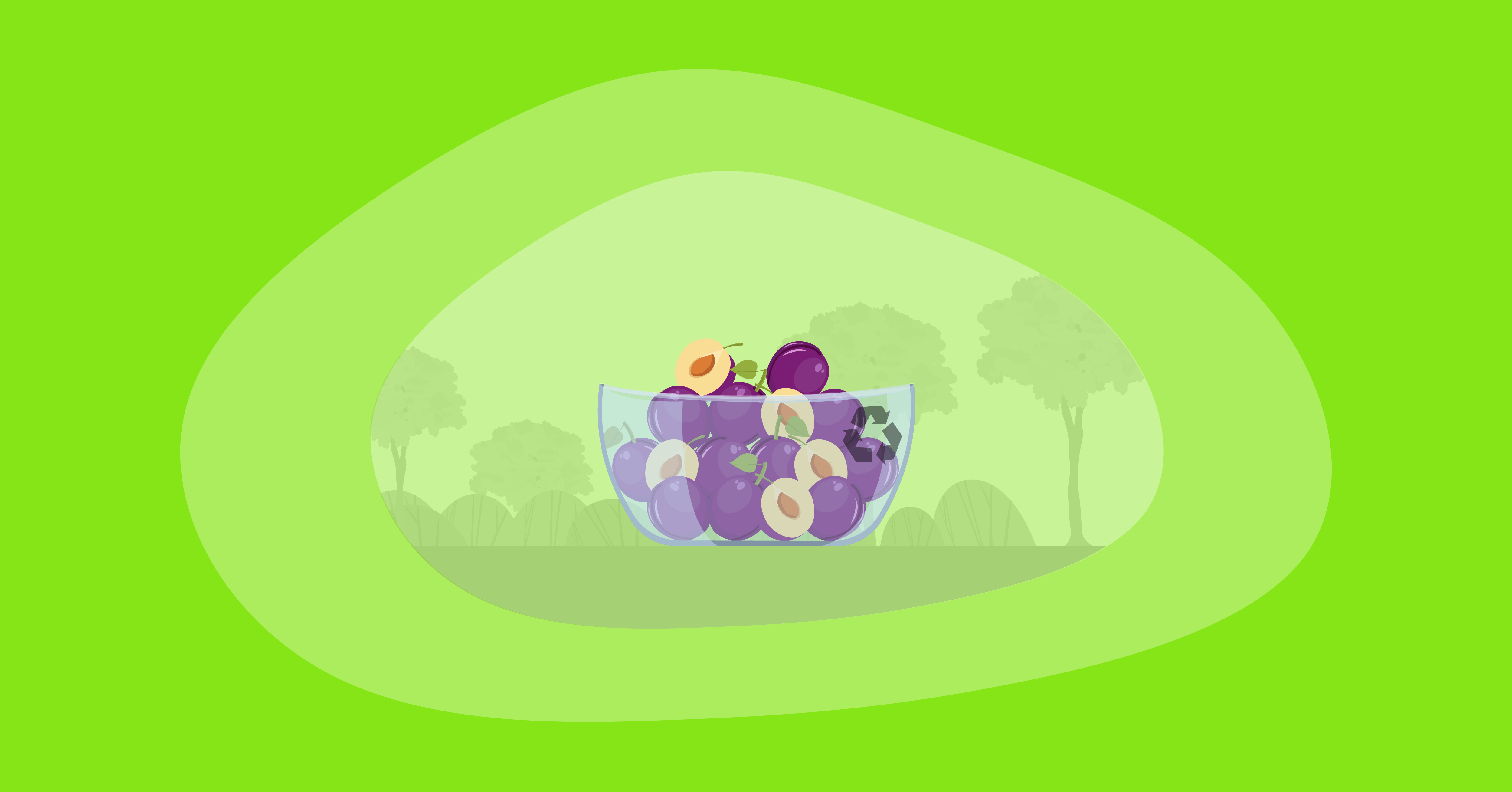 Illustration of plums inside a glass bowl