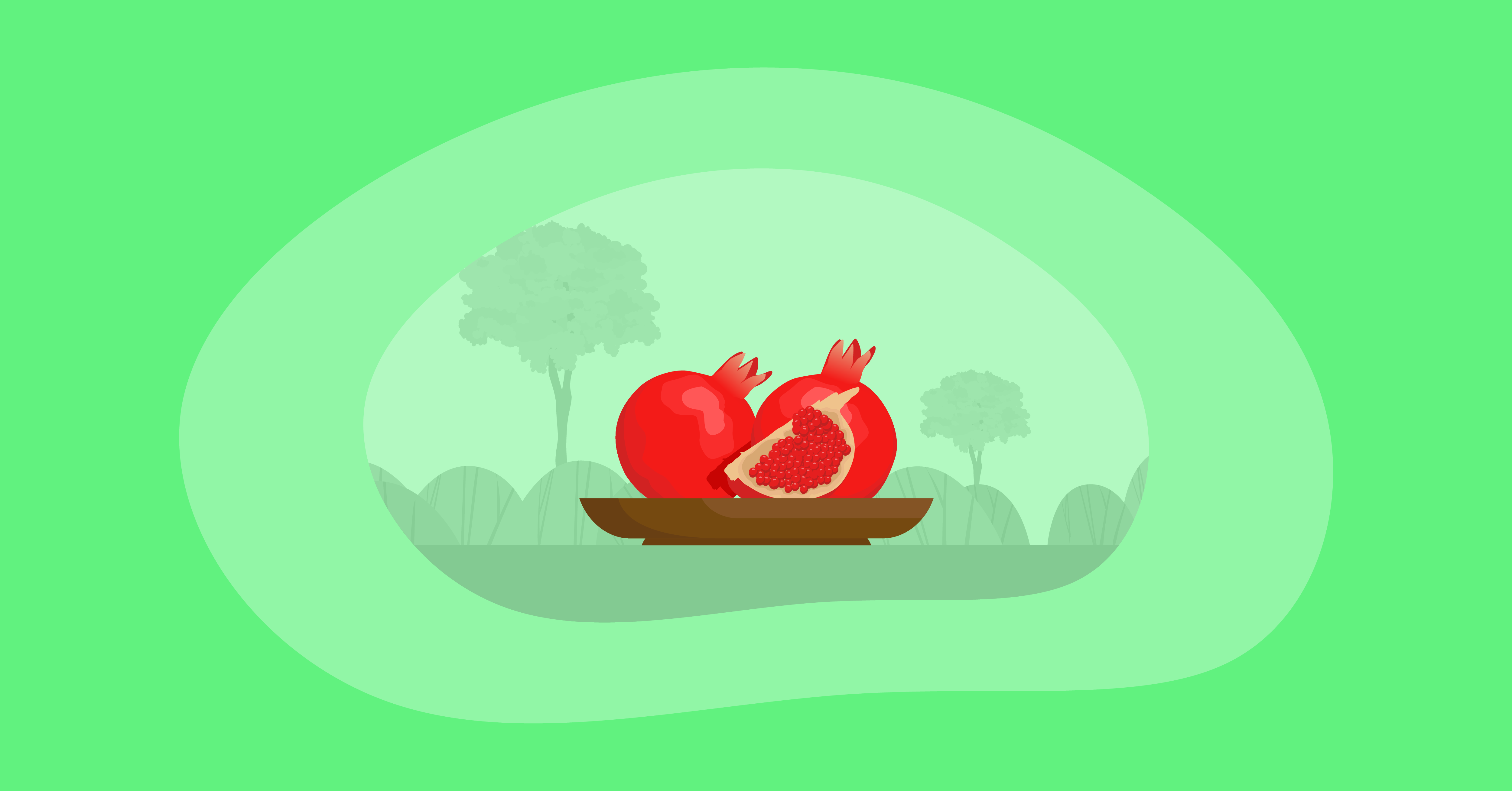 Illustration of pomegranates in a wooden platter