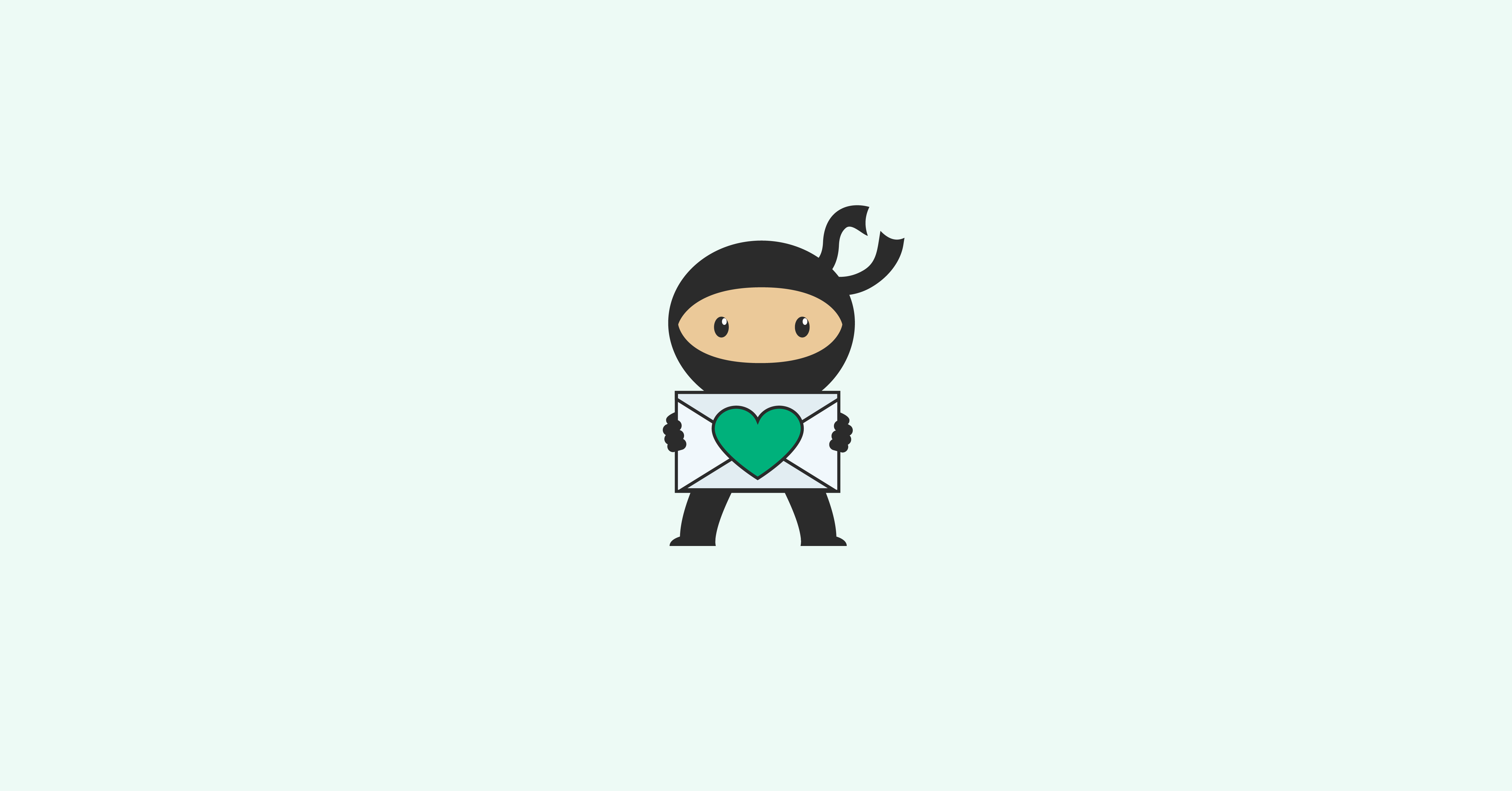 Illustration of our ninja logo extending a letter with a green heart to you