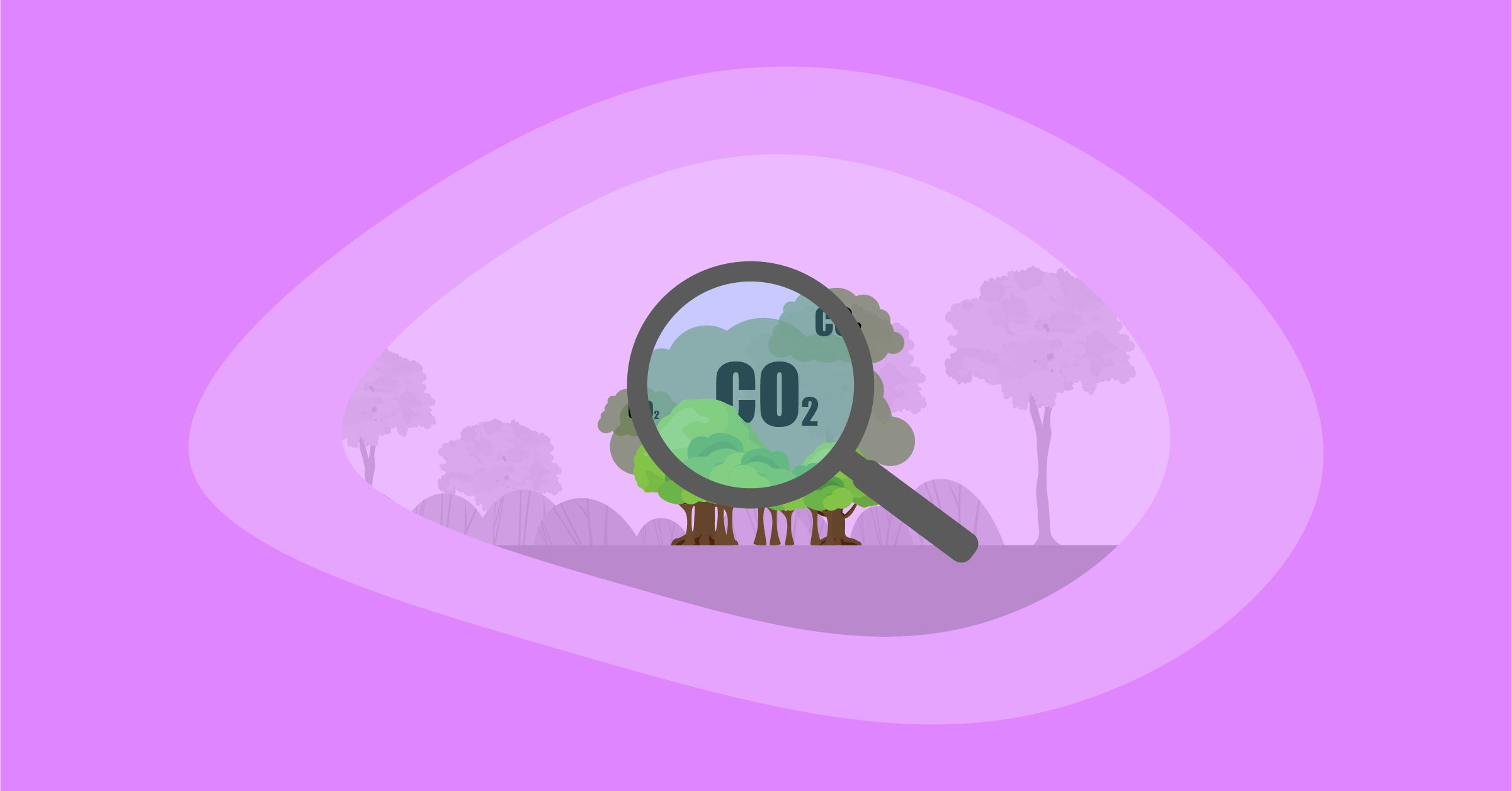 Illustration of carbon offsets under a magnifying glass