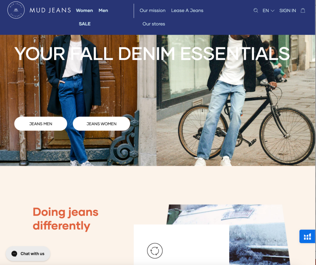 Screenshot of the Mud jeans front page