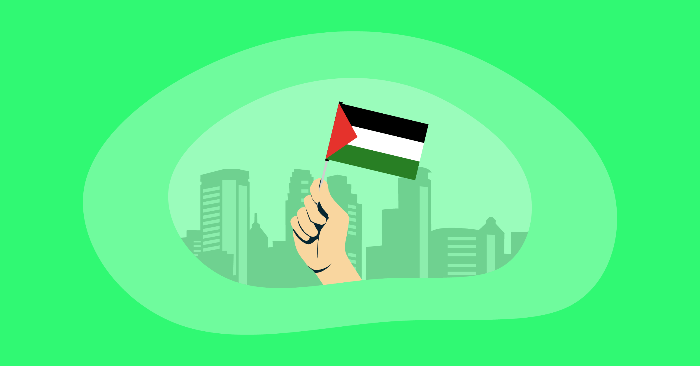 Illustration of a hand holding the flag of Palestine