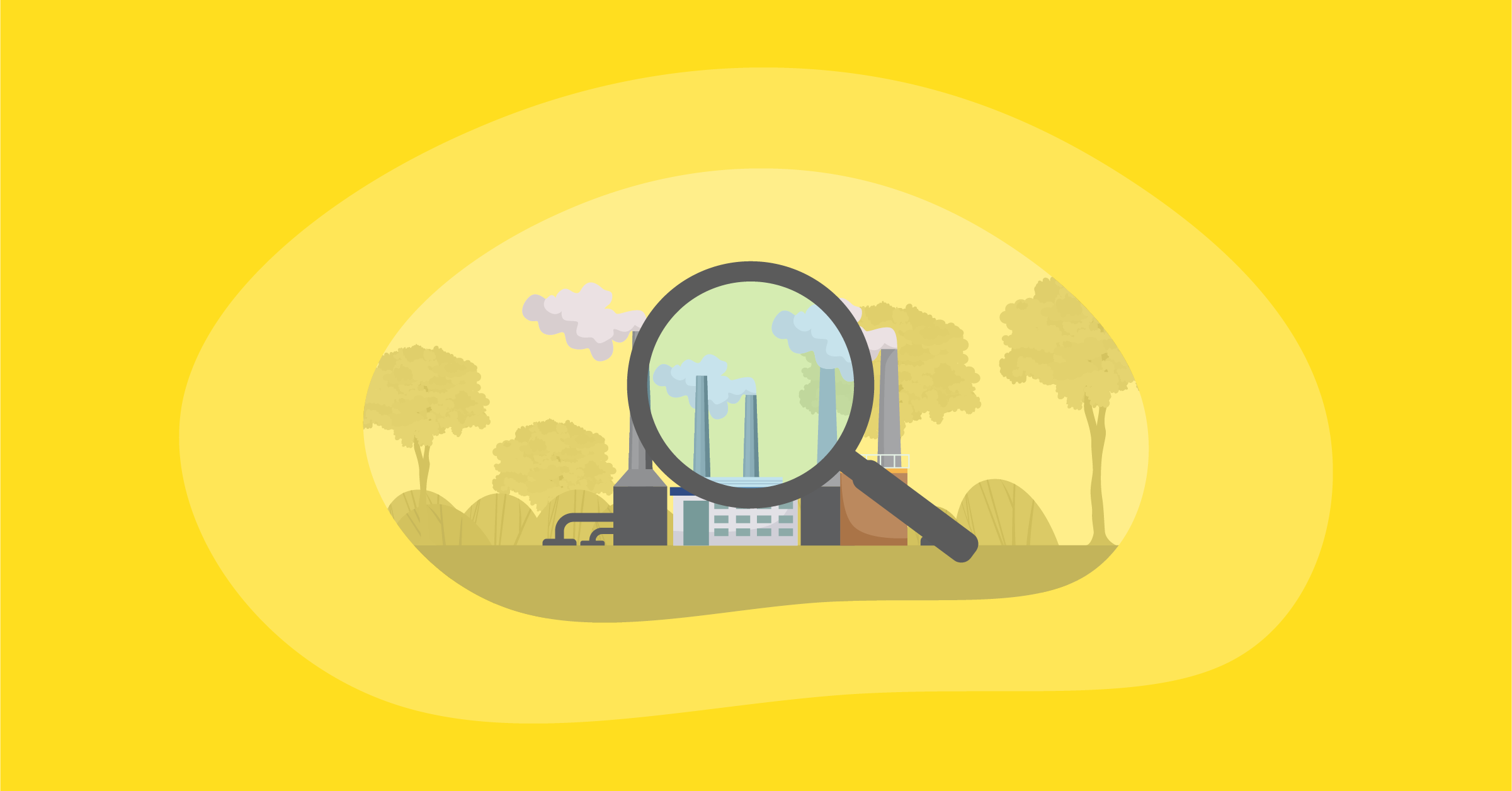 Illustration of geothermal power plant under a magnifying glass
