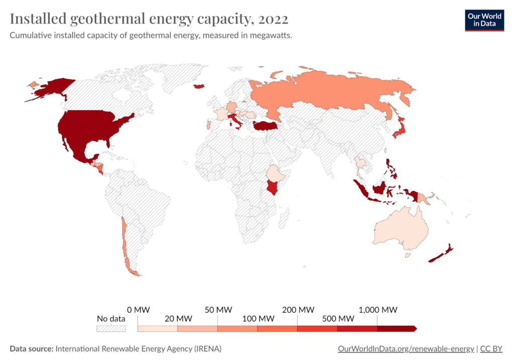 Illustration of Installed geothermal energy capacity, 2022 from Our World in Data