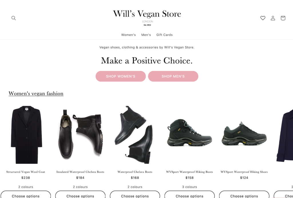 Screenshot of the Will's Vegan Store Front page