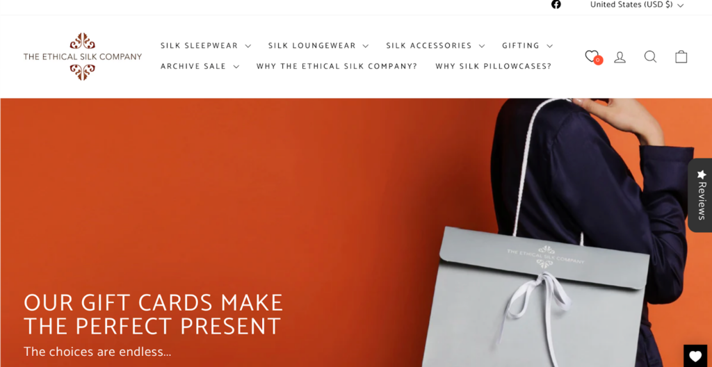 Screenshot of the Ethical Silk Company front page