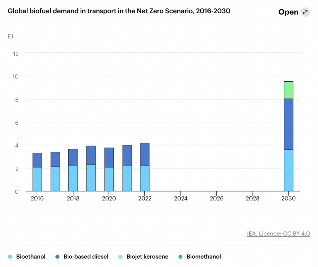 Illustration of Global biofuel demand in the Net Zero Scenario from International Energy Agency 2016-2030