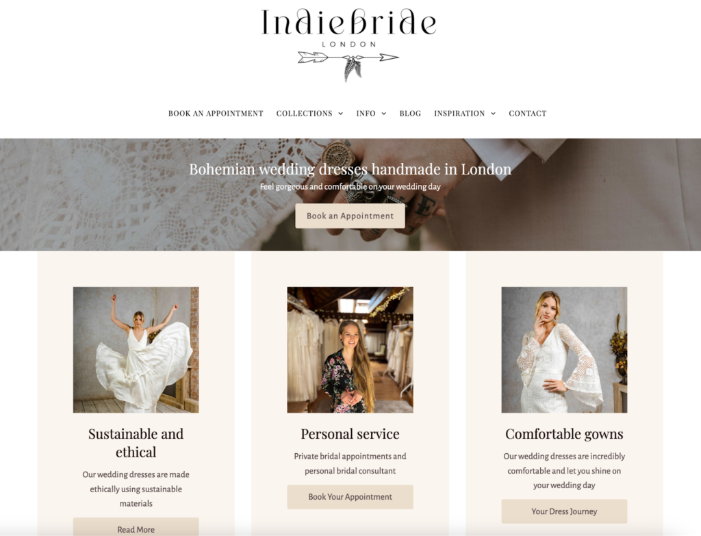 Screenshot of the Indiebride front page