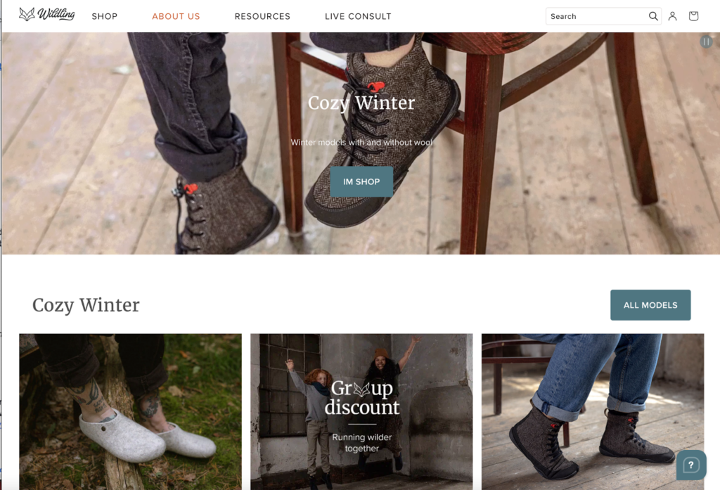 Screenshot of the Wildling shoes front page