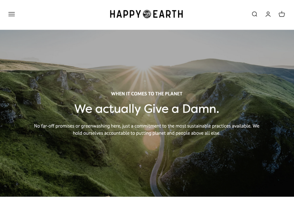 Screenshot of the Happy Earth Apparel front page