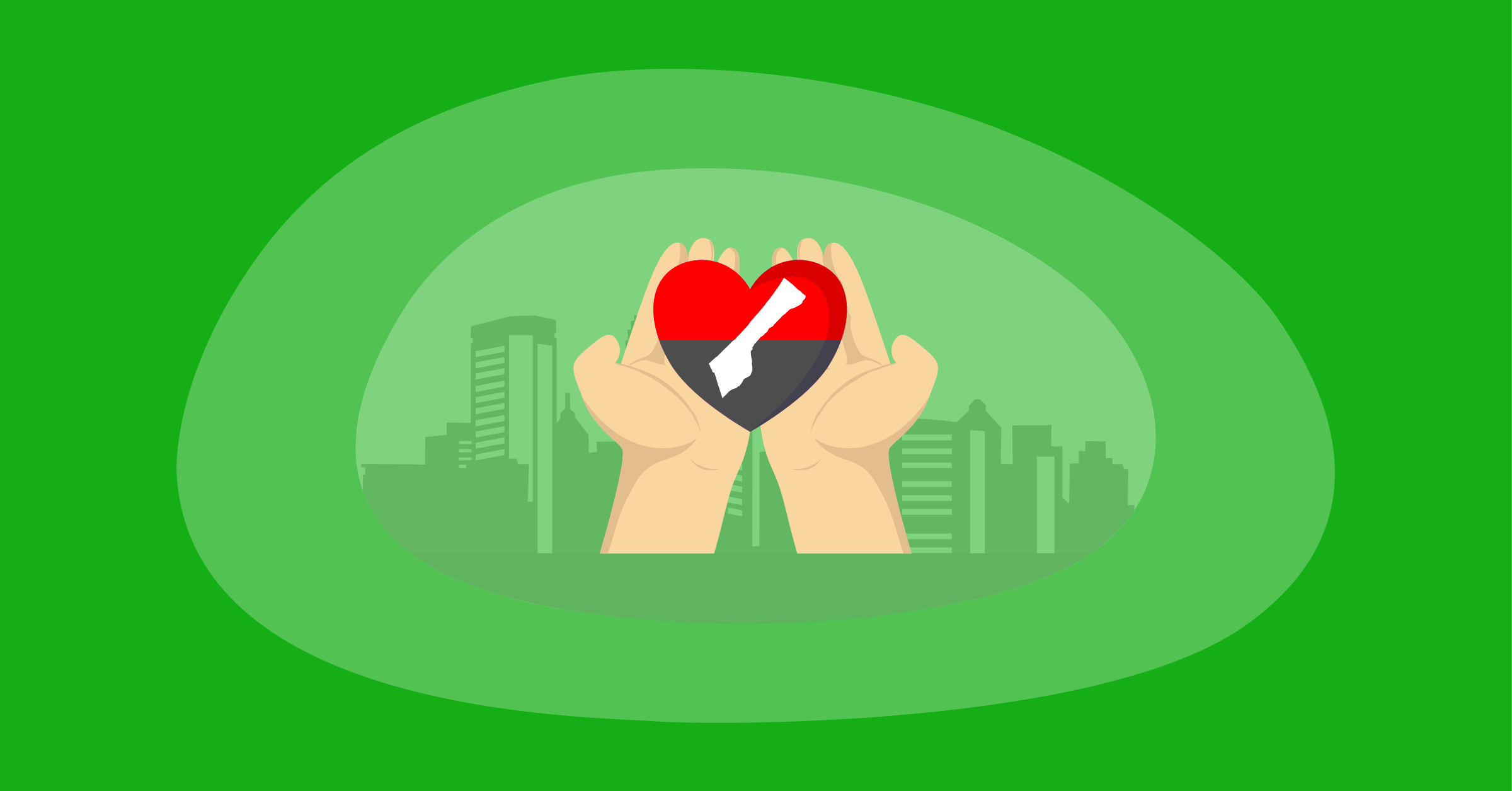 Illustration of both hands holding a heart-shaped flag of Gaza