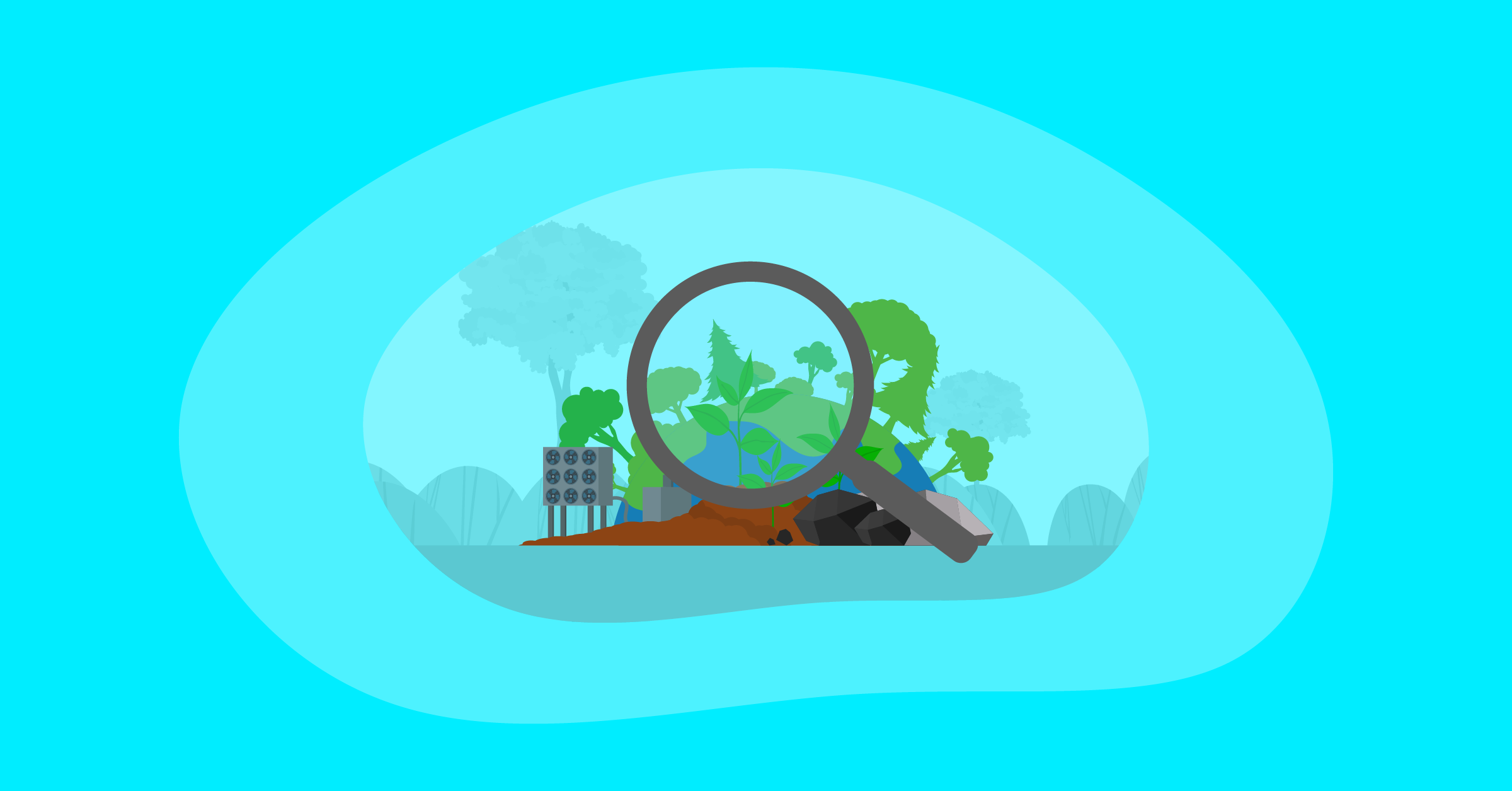 Illustration of a climate positive environment under a magnifying glass