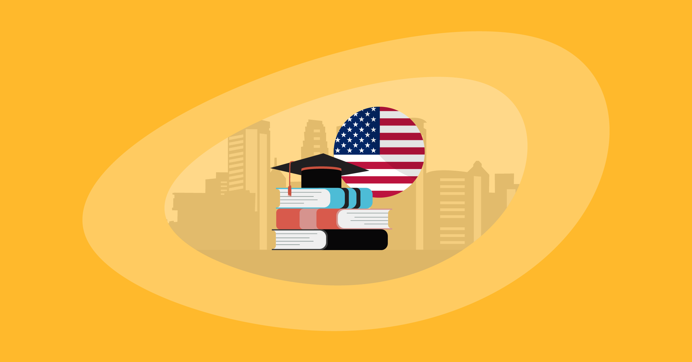 Illustration of books and graduation hat in front of an American flag