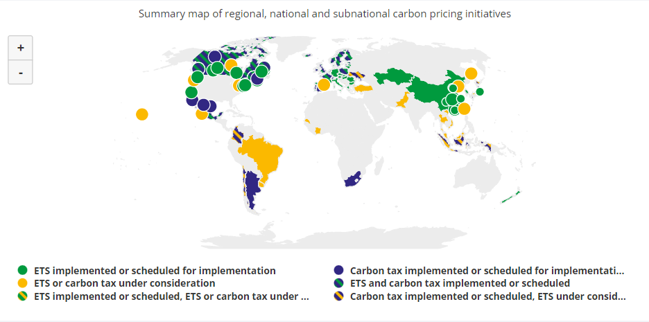 Illustration map of regional, national and subnational carbon pricing initiatives