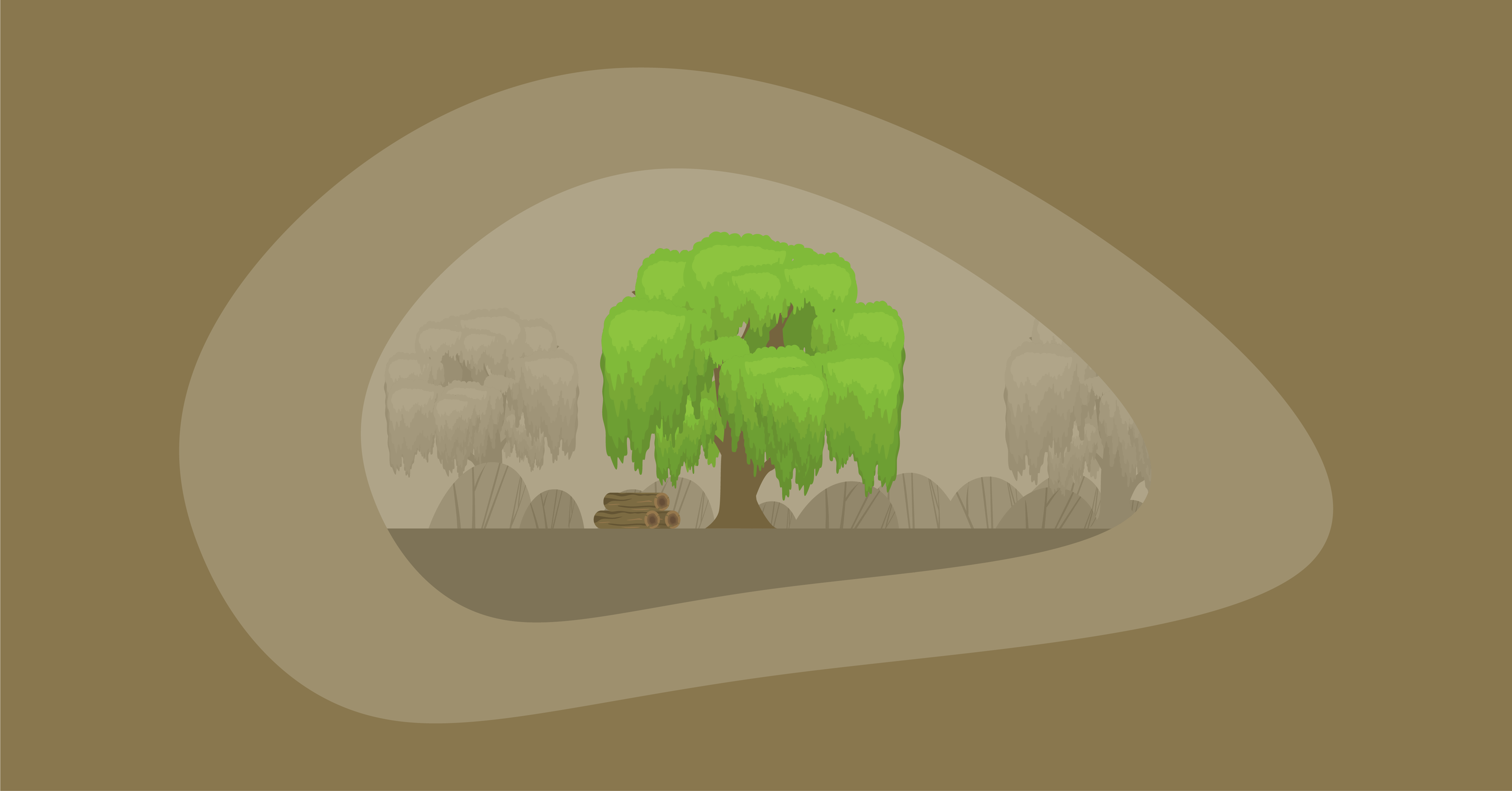 Illustration of a willow tree and wood