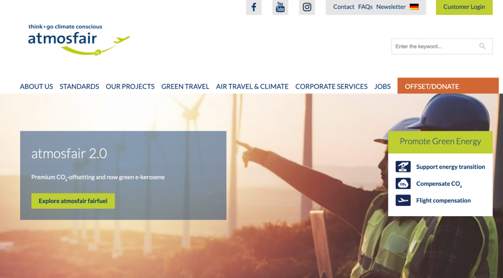 Screenshot of the atmosfair front page