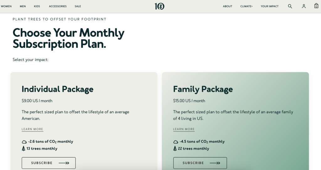 Screenshot of the tentree monthly subscription page