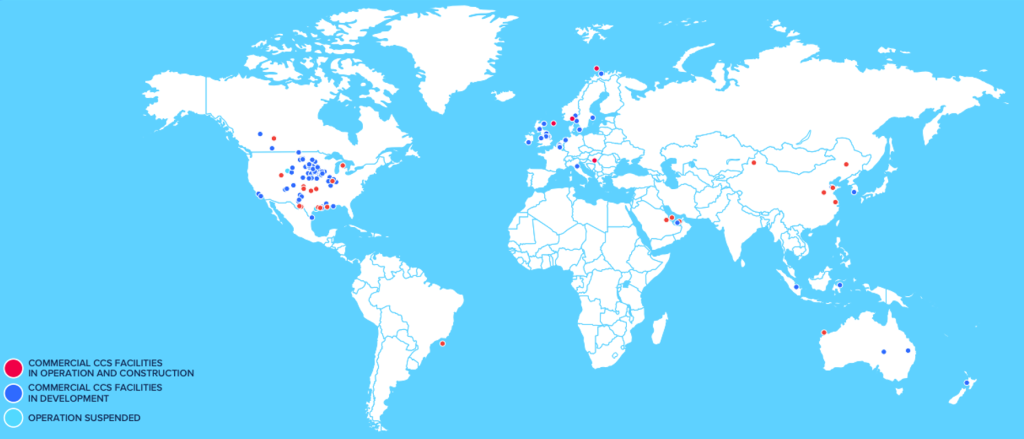 Illustration of the world map of CSS facilities at various stages of development