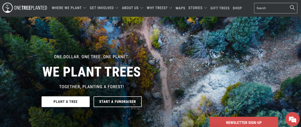 Screenshot of the OneTree Planted front page