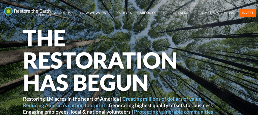 Screenshot of the Restore the Earth Foundation front page
