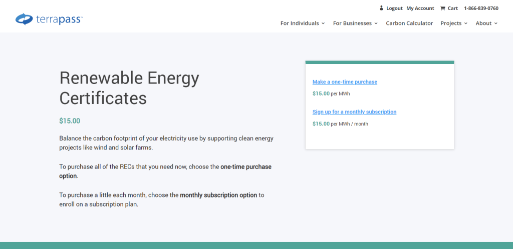 Screenshot of the Terrapas renewable energy credits project page