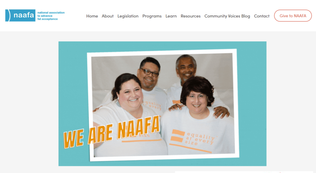 Screenshot of the naafa home page