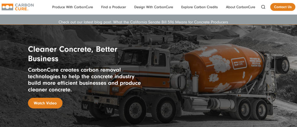 Screenshot of the CarbonCure front page