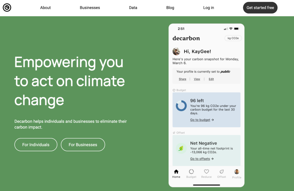 Screenshot of the Decarbon front page