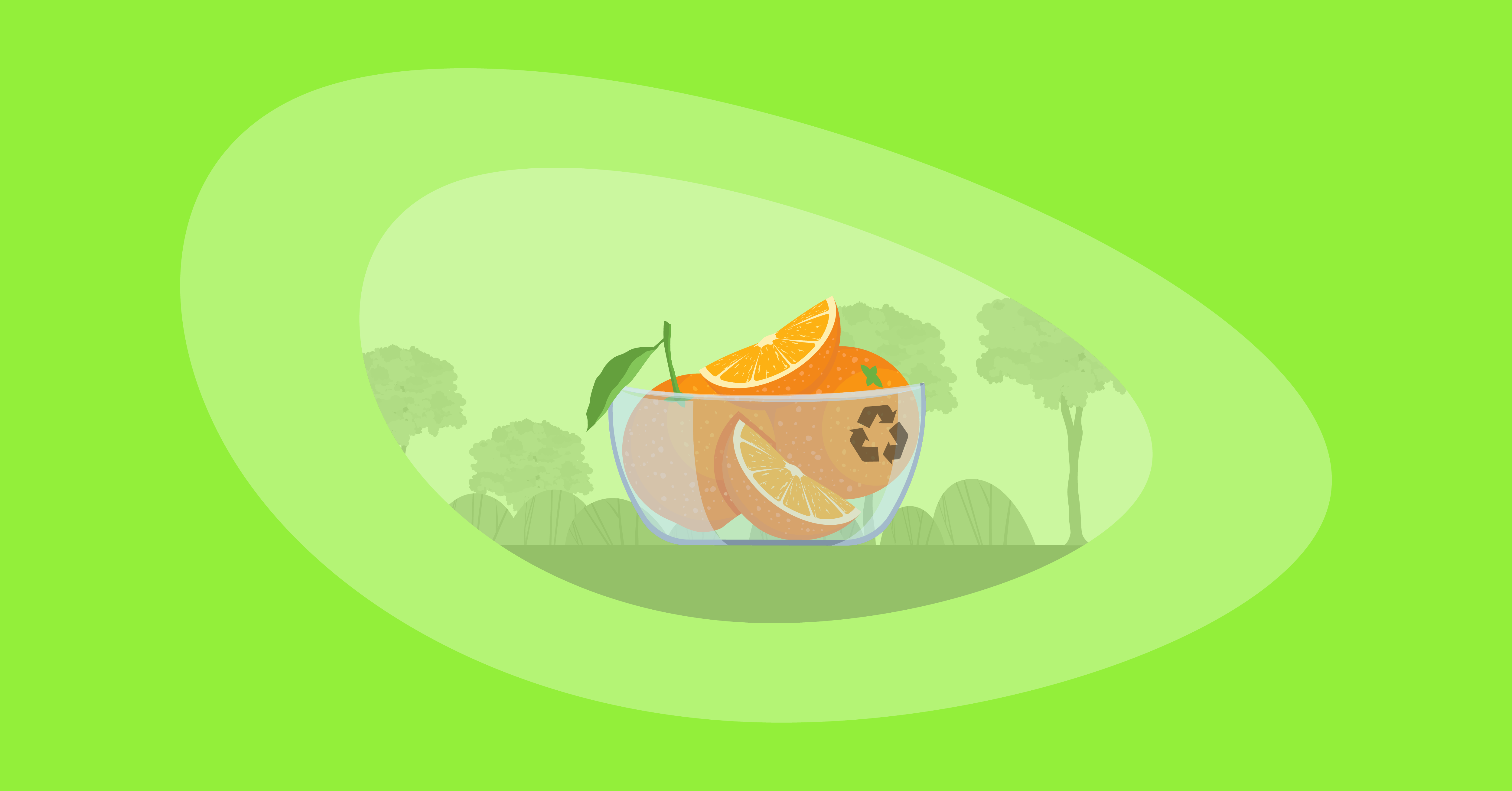 Illustration of oranges inside a glass bowl