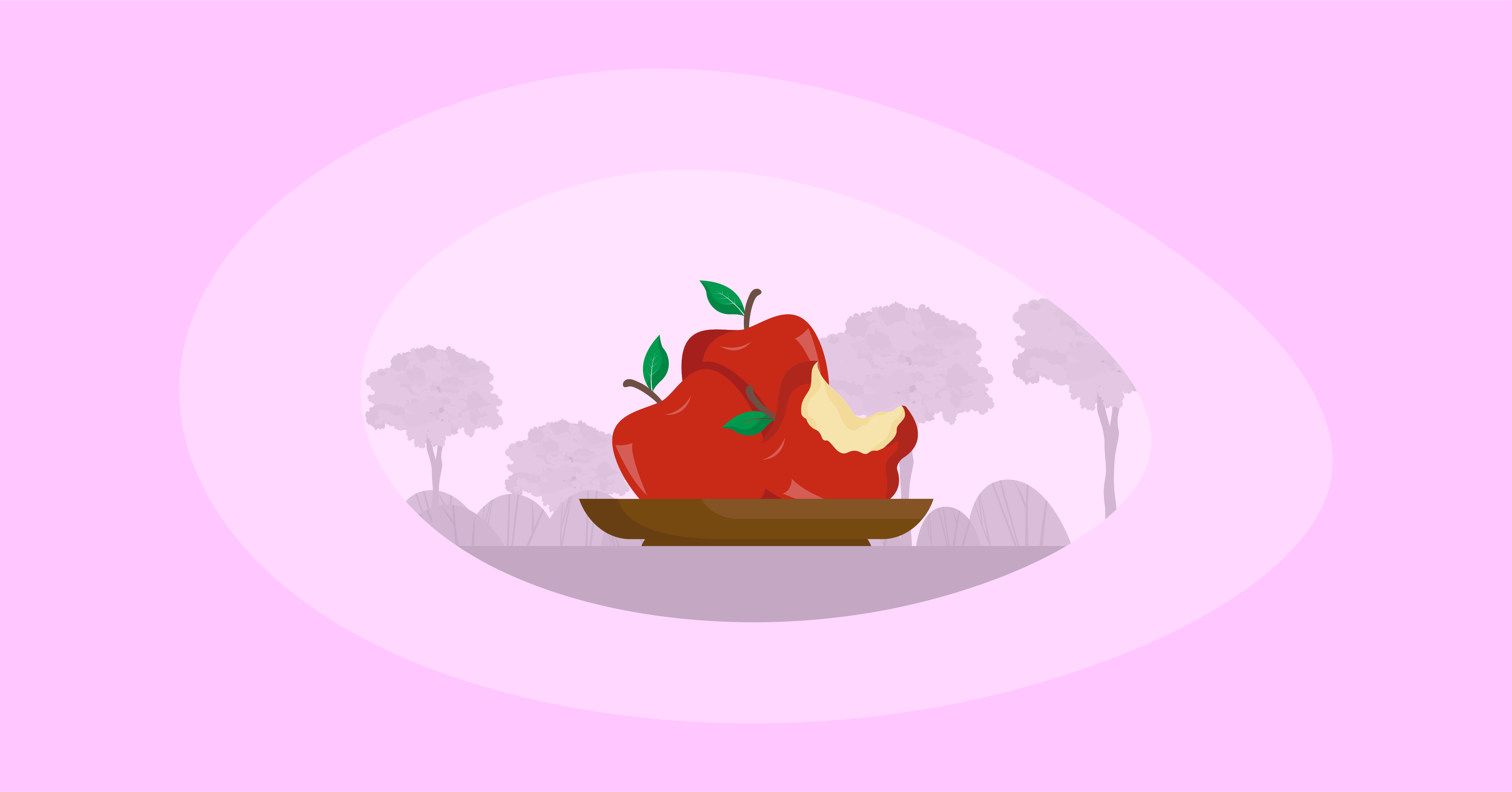 Illustration of apples in a wooden platter