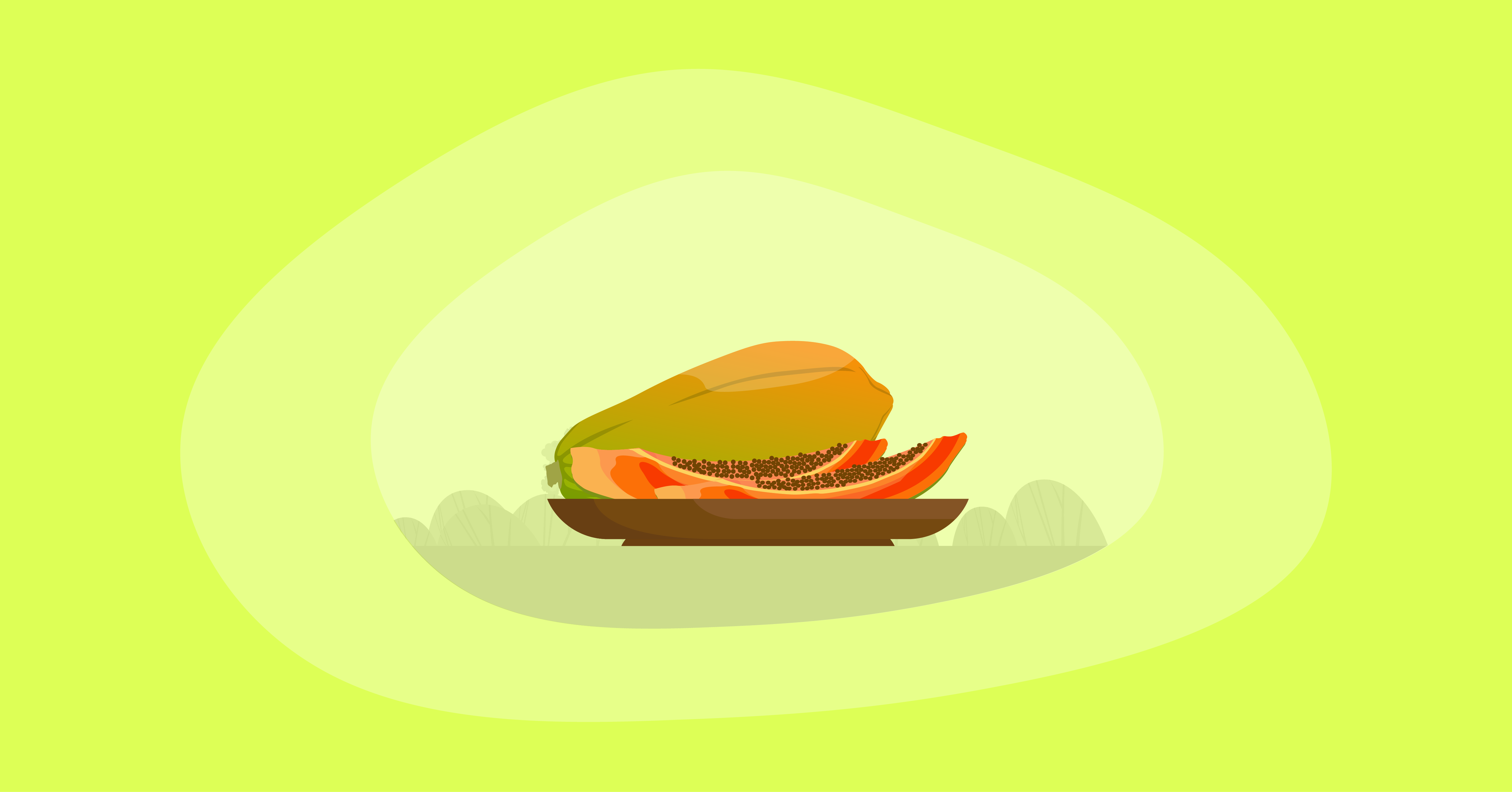 Illustration of papayas in a wooden platter