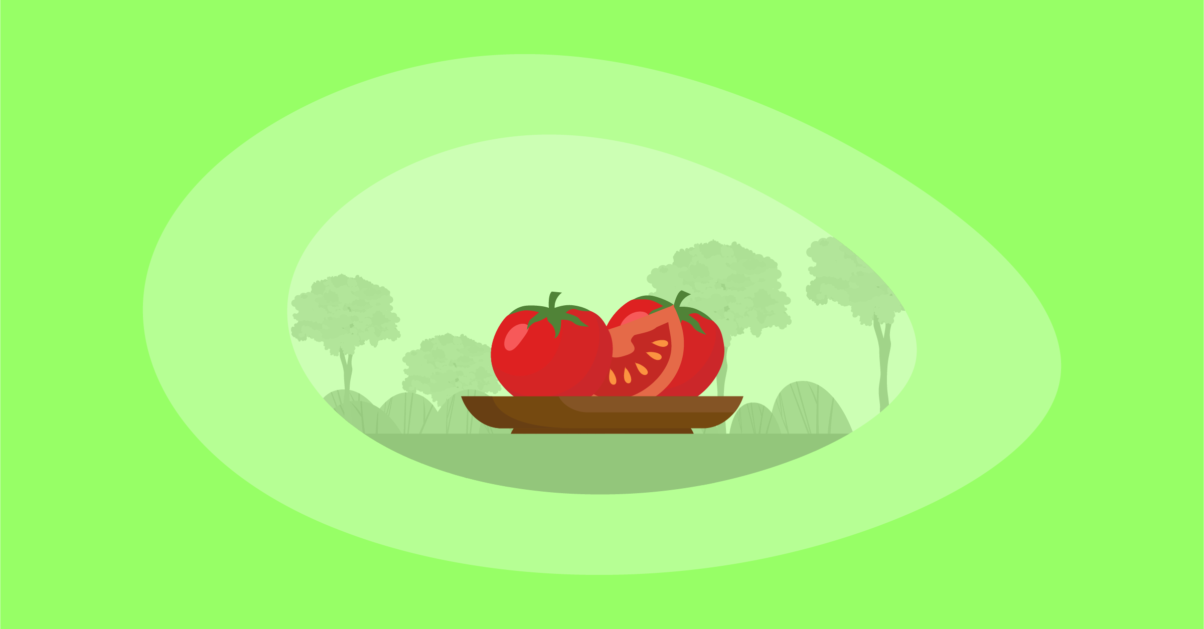 Illustration of tomatoes in a wooden platter