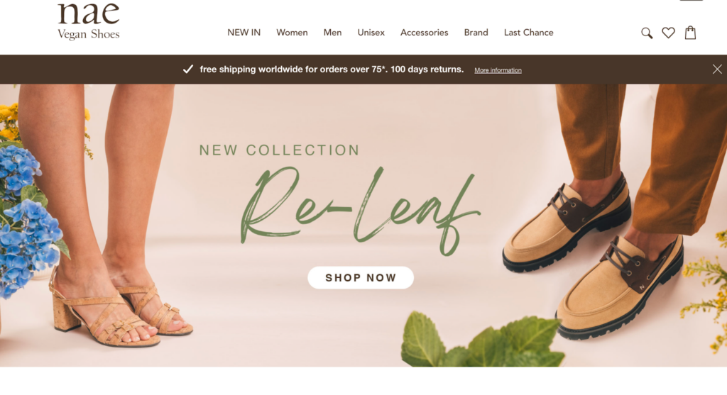 Screenshot of the NAE vegan shoes front page