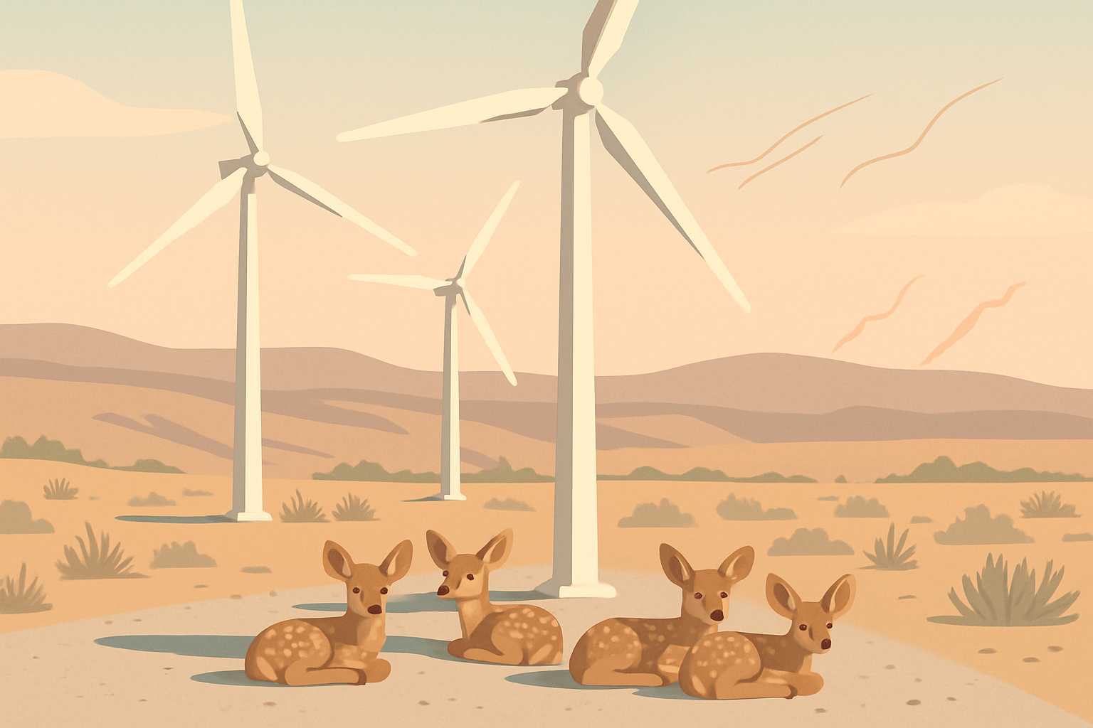 Illustration of deer fawns at wind farm