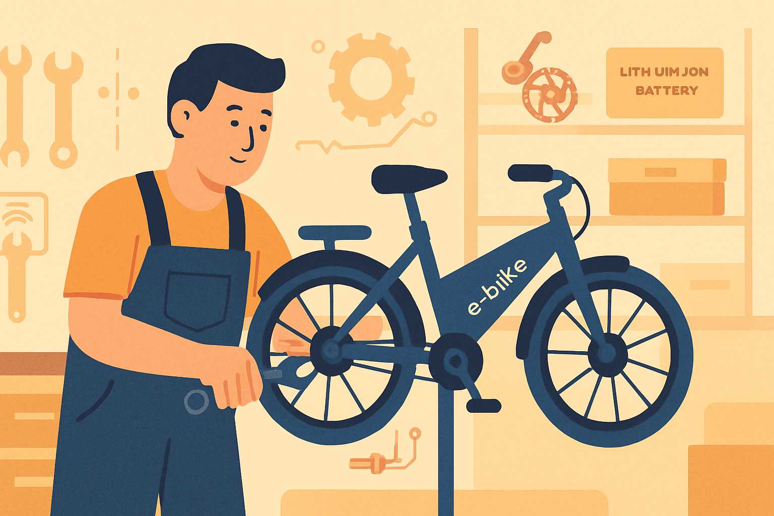 Illustration of bicycle mechanic workshop