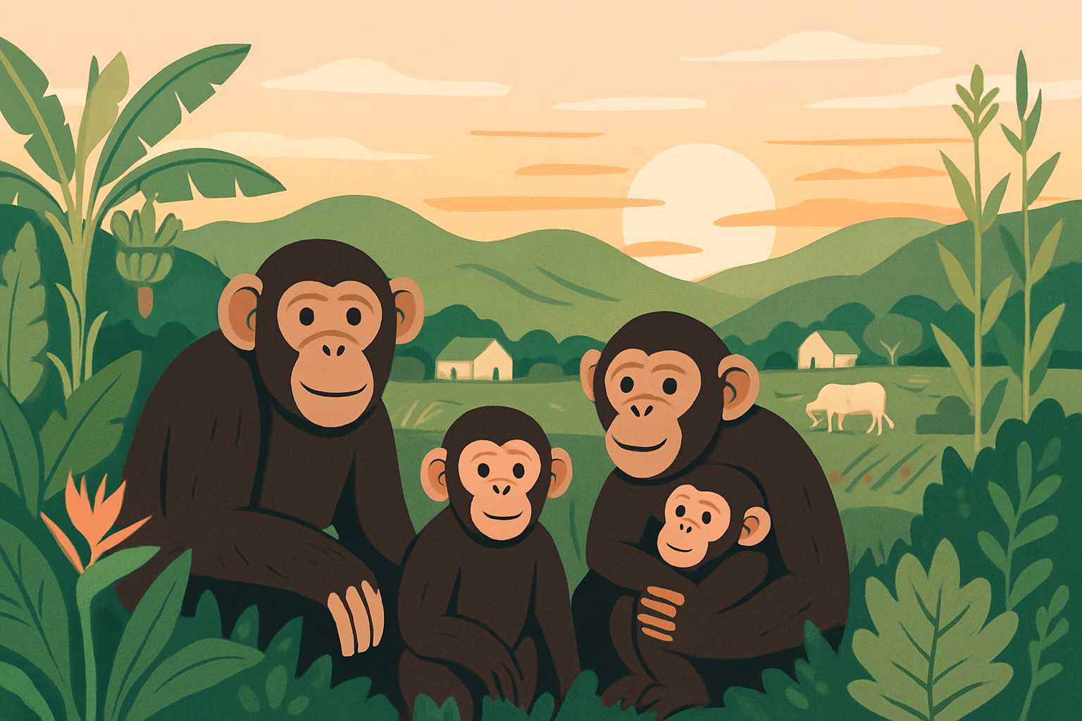 Illustration of friendly chimpanzees