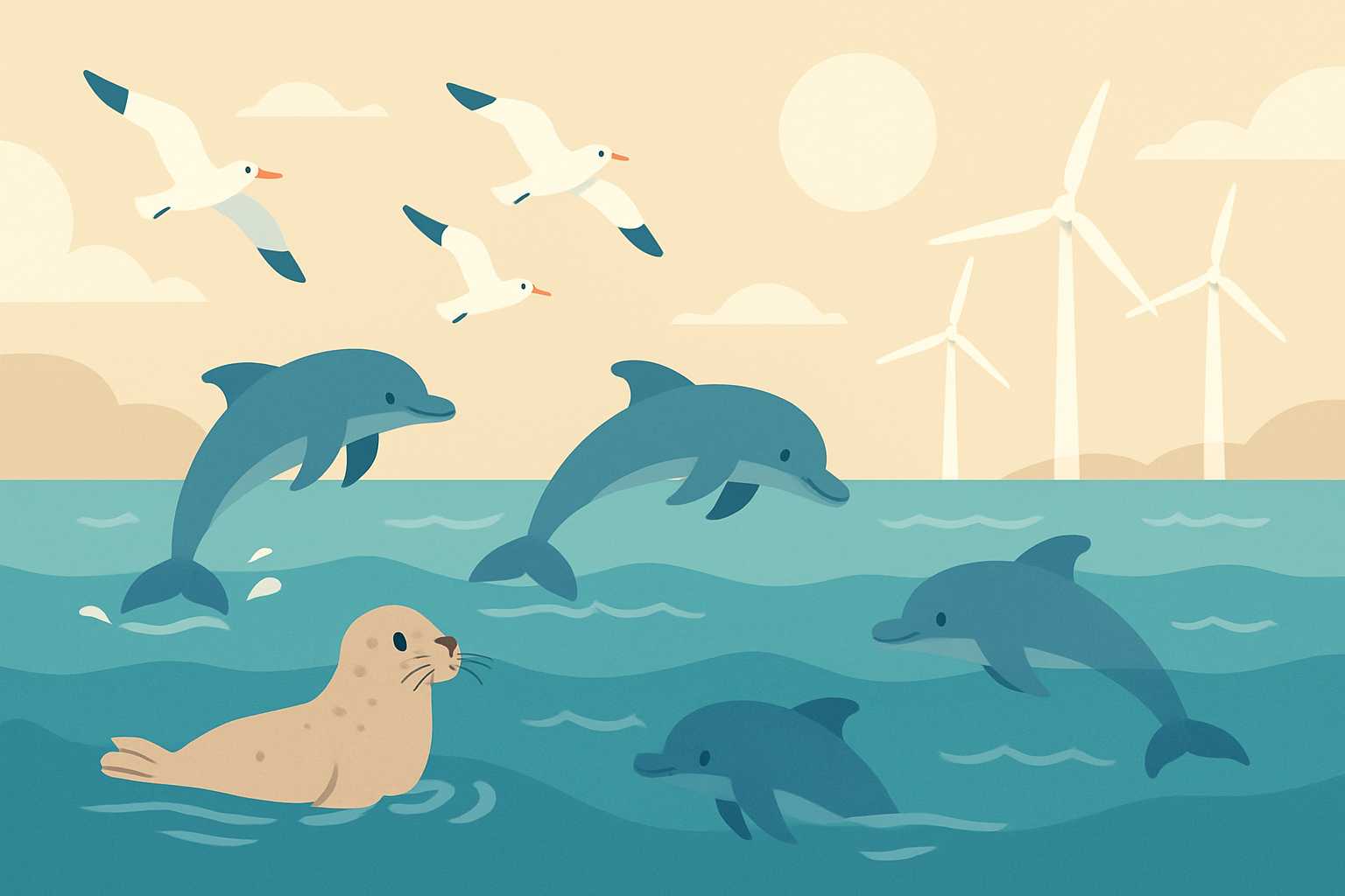 Illustration of dolphins and turbines