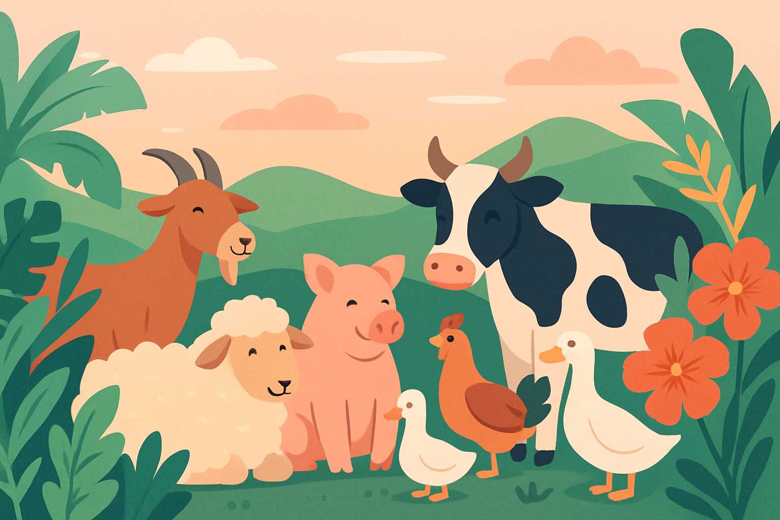 Illustration of farm animals in sanctuary