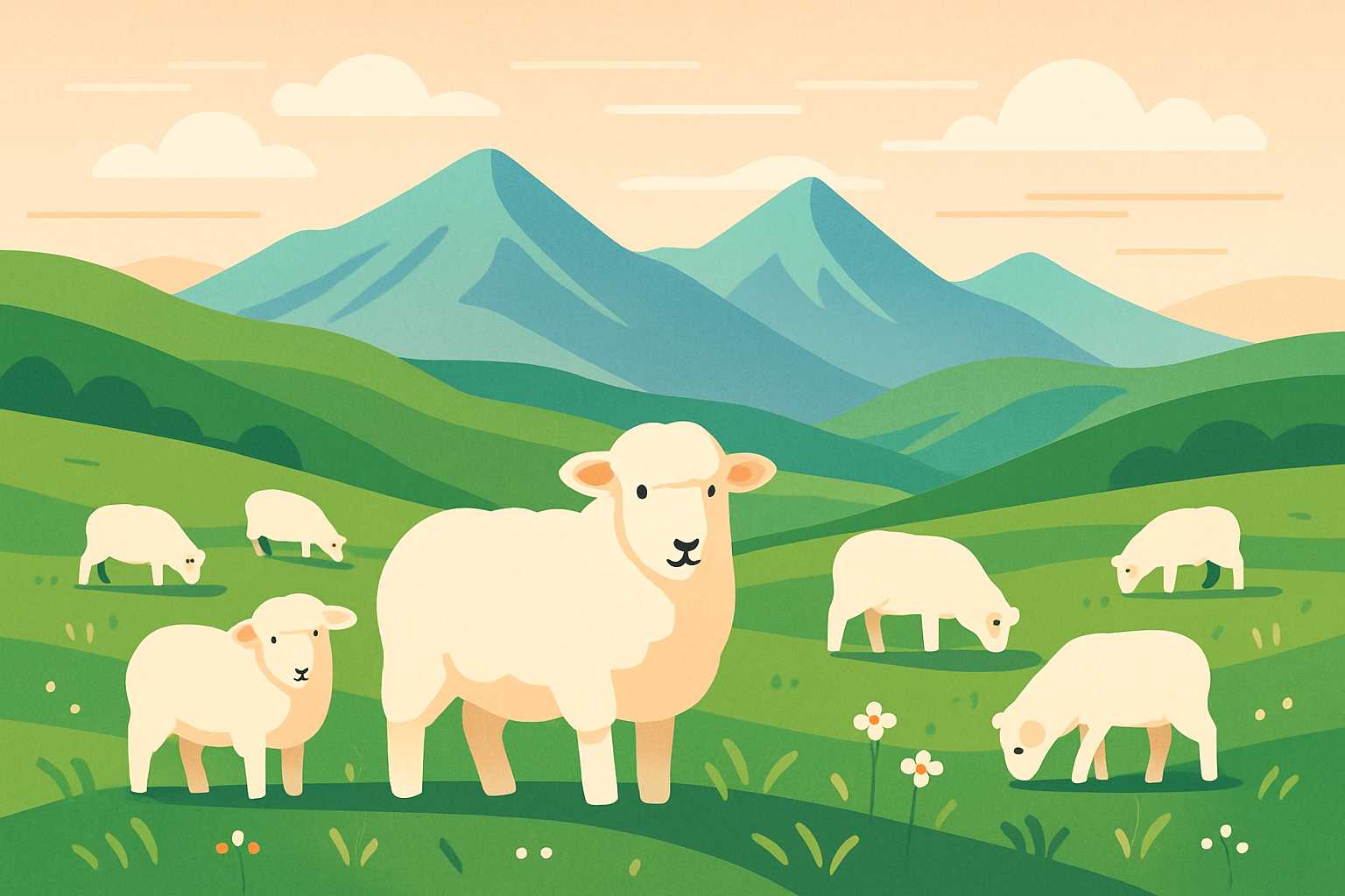 Illustration of sheep grazing on hillside