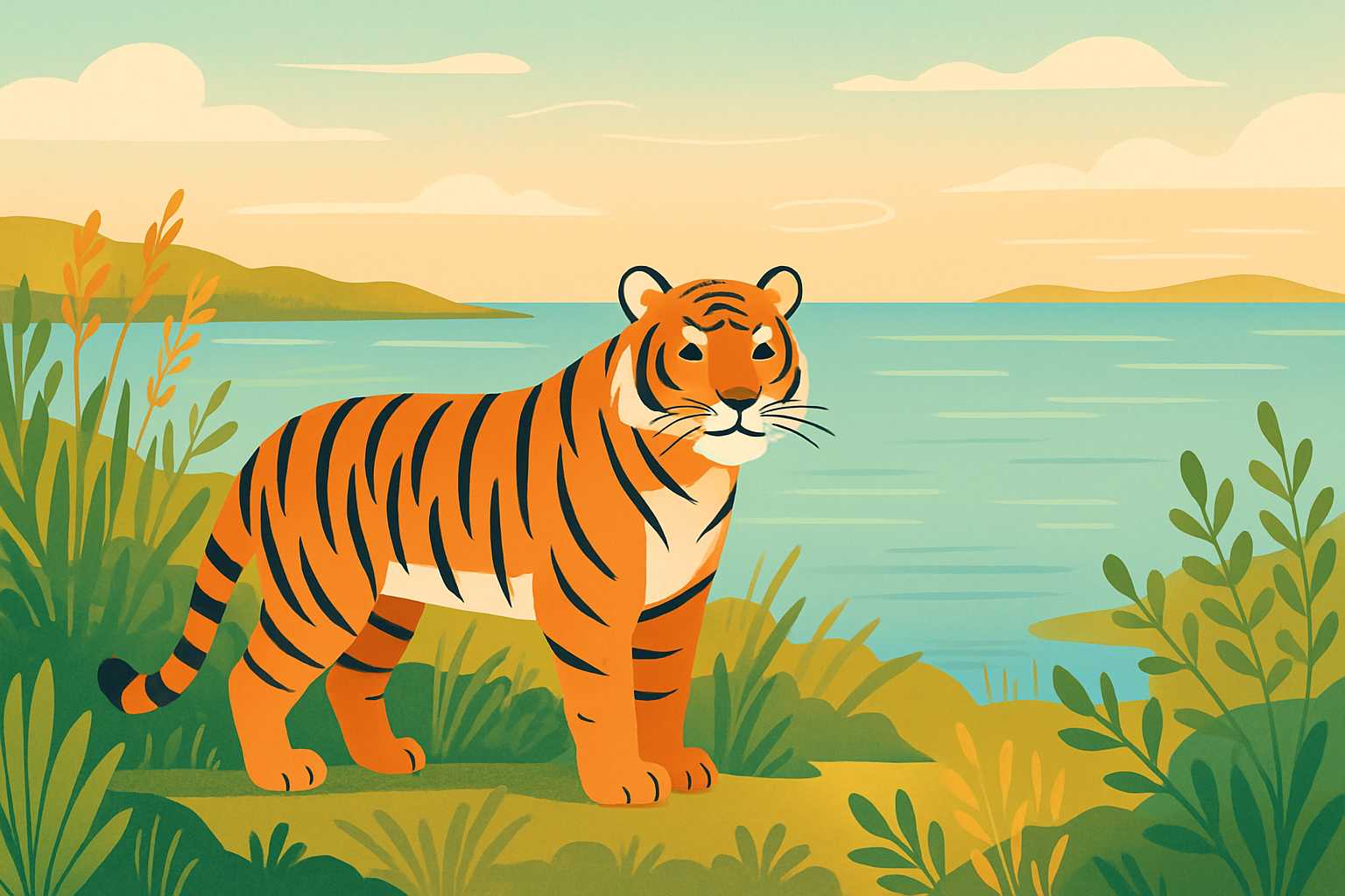 Illustration of a tiger near a lake